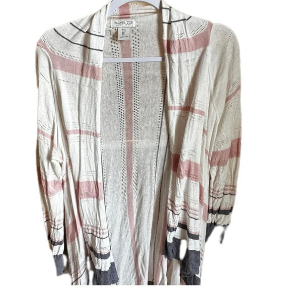 Rachel Zoe Women's Large Pink and Gray Striped Lightweight Cardigan - Picture 3 of 8